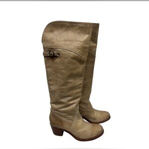 Frye Jane Knee High Leather Boots Women’s Size 9 B Tan Pull-On Stacked Heel 20"